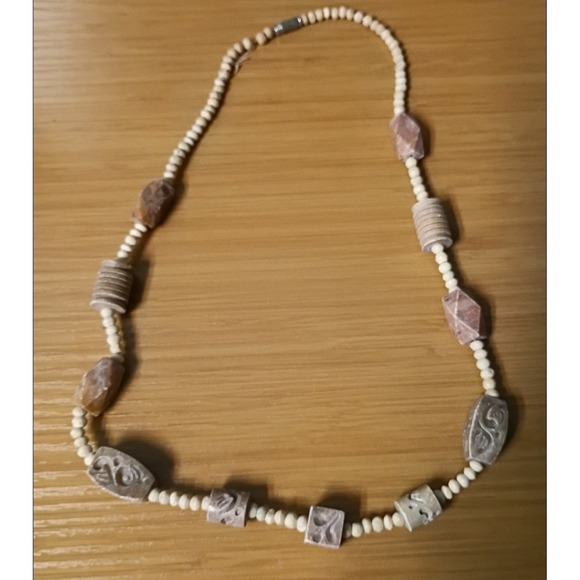 The Unbranded Brand Jewelry - Vintage Earthy Beaded Necklace Carved Stone Wood Accents Boho Neutral
